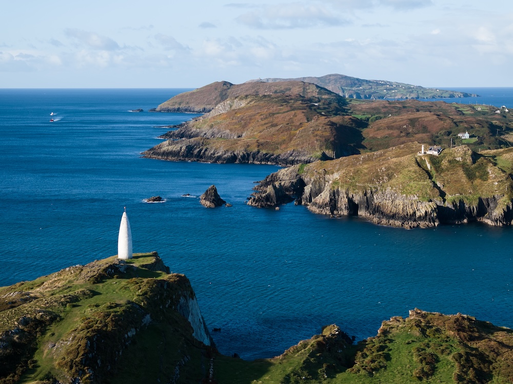 View of the Baltimore Beacon overlooking Sherkin Island and the Atlantic Ocean in West Cork.