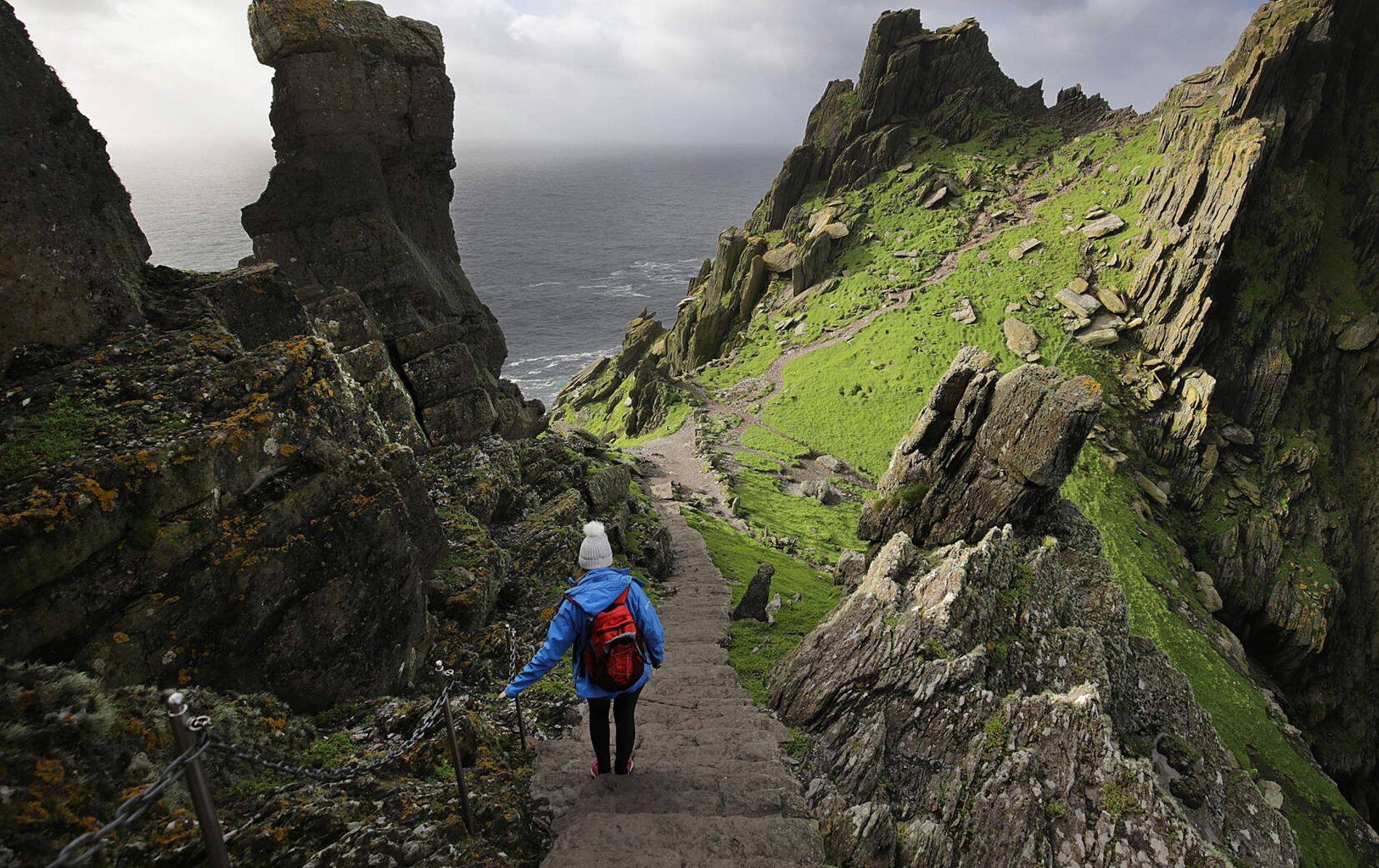 Rugged cliffs of Skellig Michael overlooking the Atlantic Ocean, a filming location for Star Wars.