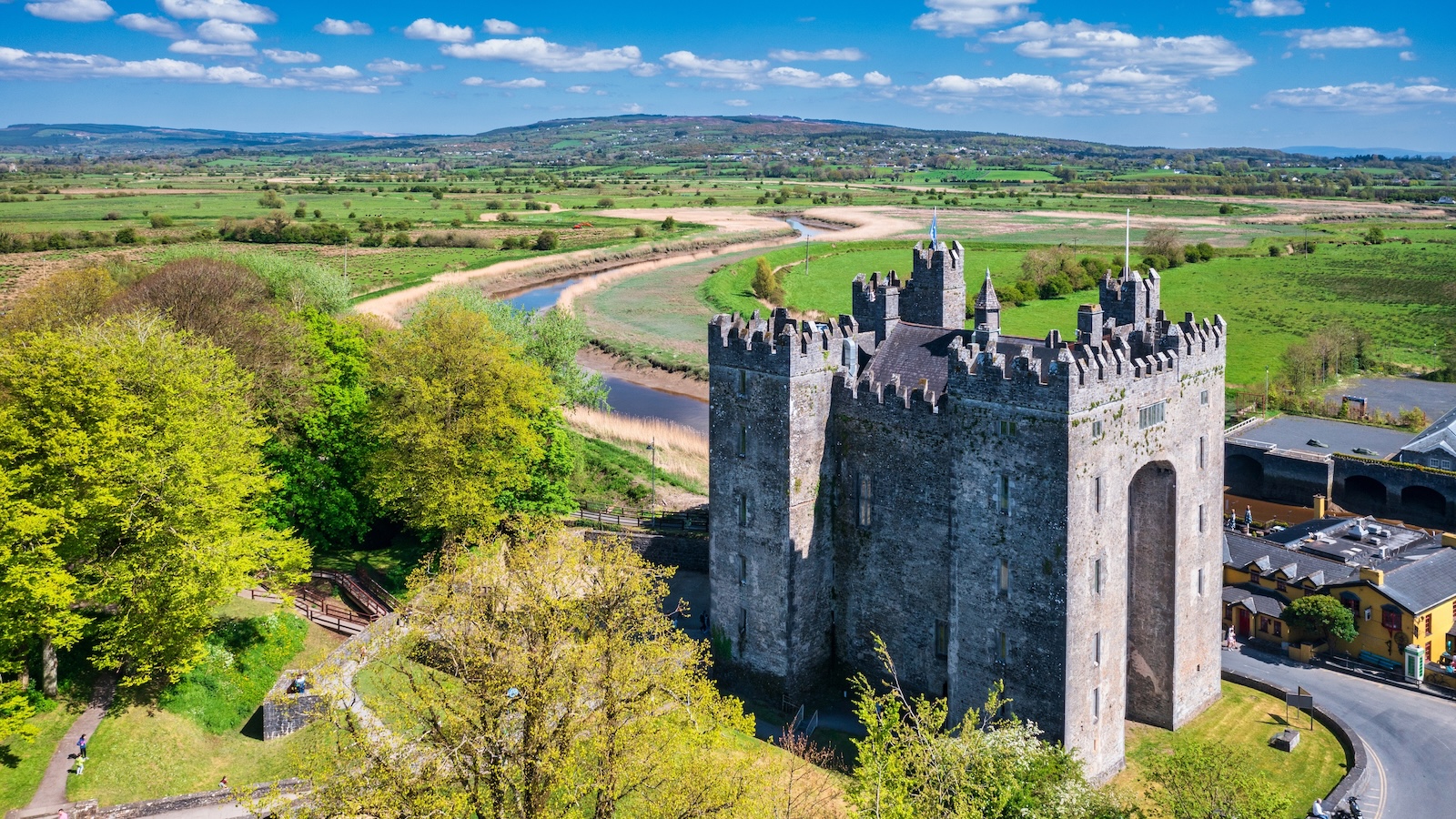 Aerial view of Bunratty Castle and surrounding countryside in County Clare.