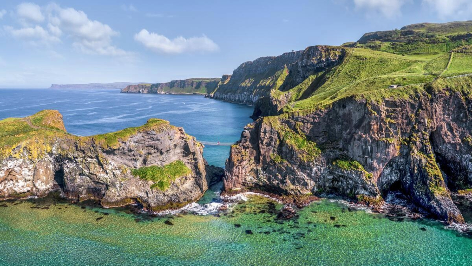 Wide view of Carrick-a-Rede Rope Bridge linking rocky cliffs above clear coastal waters on the Causeway Coast.