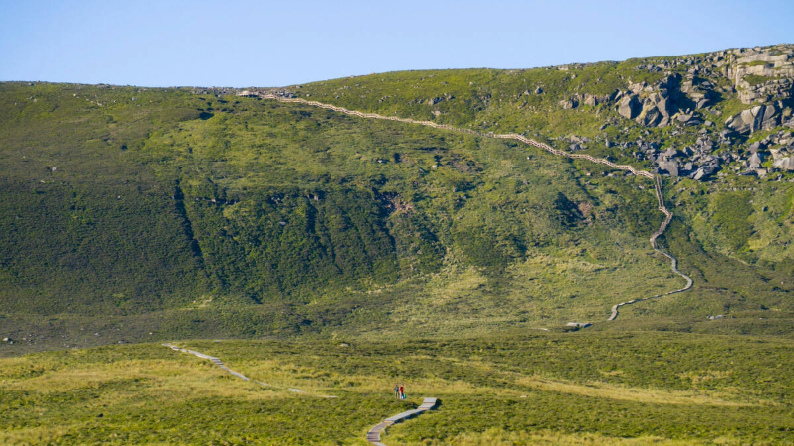 Cuilcagh Mountain boardwalk winding uphill across green moorland, County Fermanagh.