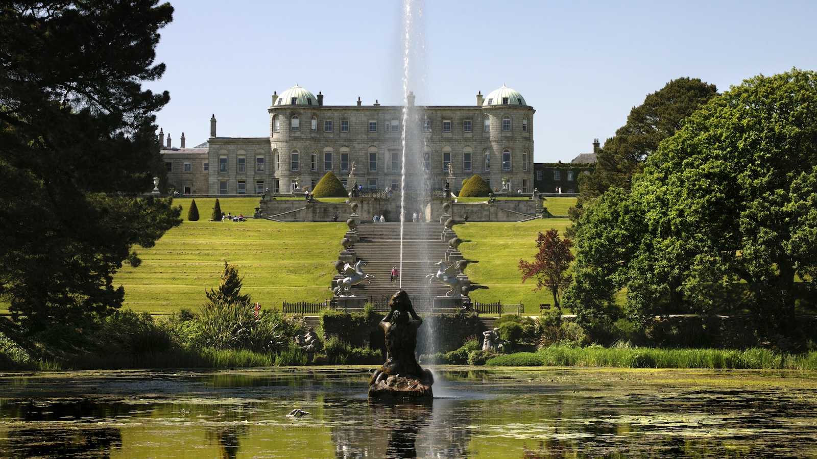 Fountain and grand staircase leading to Powerscourt House in County Wicklow.