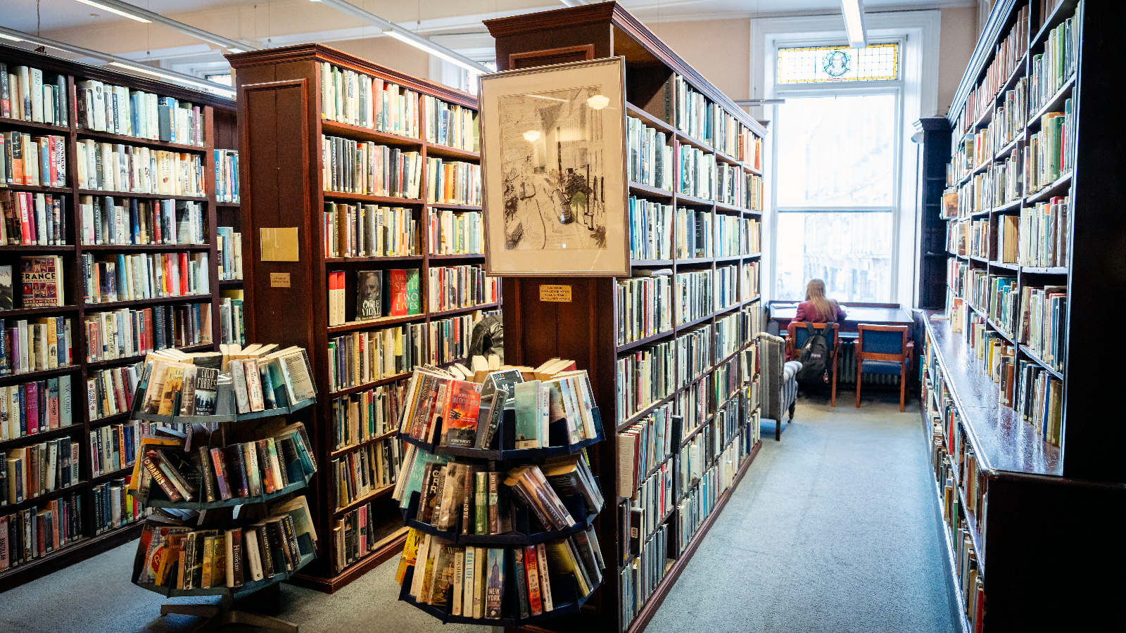 Bookshelves and reading area inside Belfast's historic Linen Hall Library.
