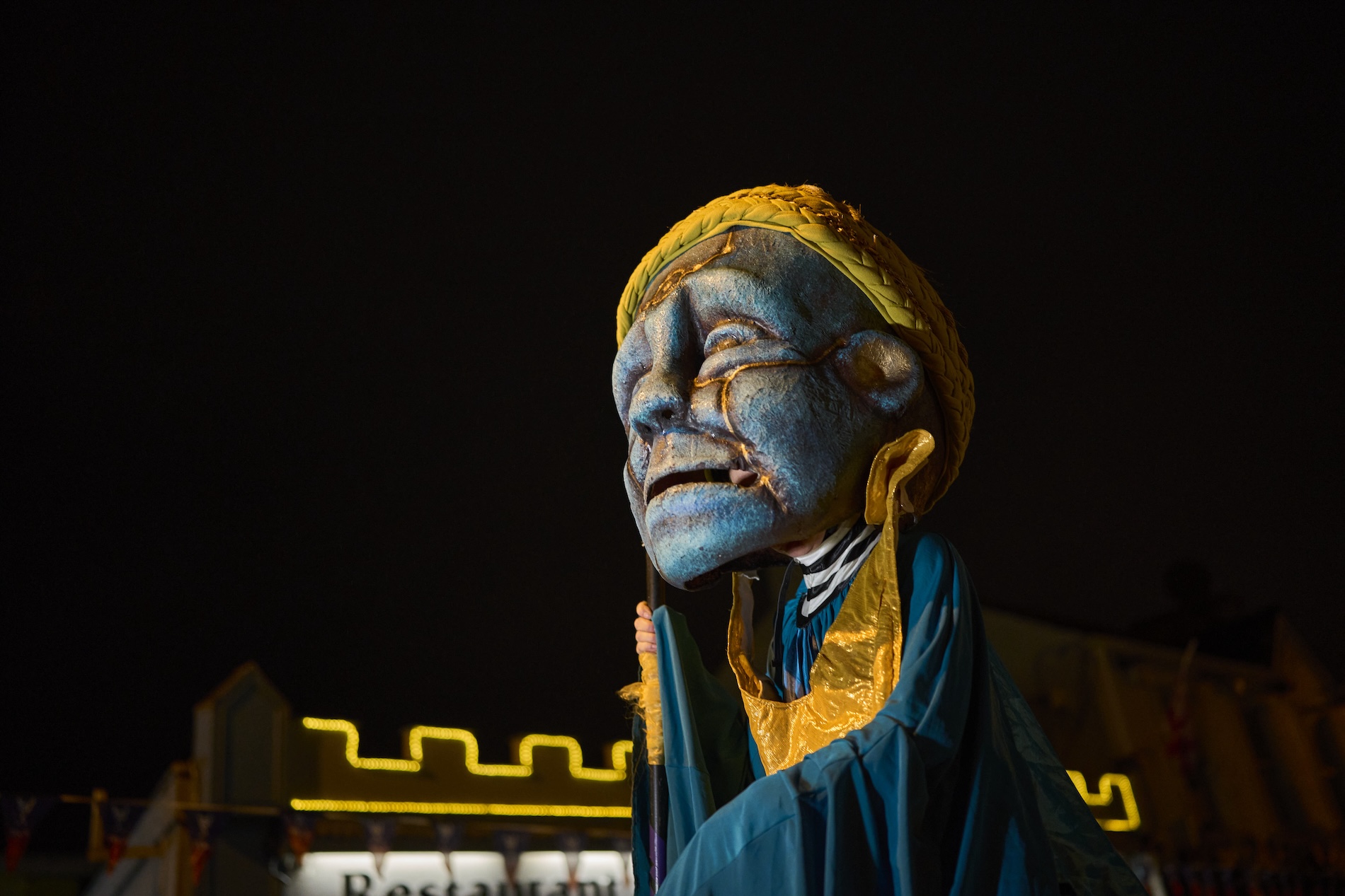 A striking illuminated figure takes part in the Púca Festival procession in County Meath, bringing Irish folklore to life after dark.