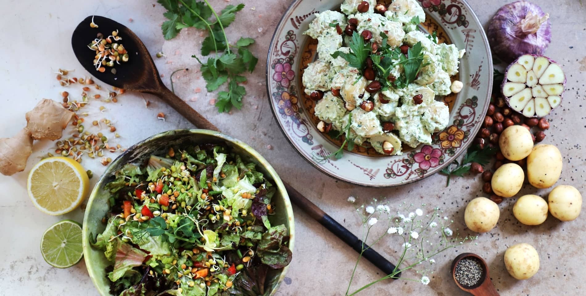 Colourful vegan salads and potato dishes at Cornucopia restaurant in Dublin, made with fresh local ingredients.