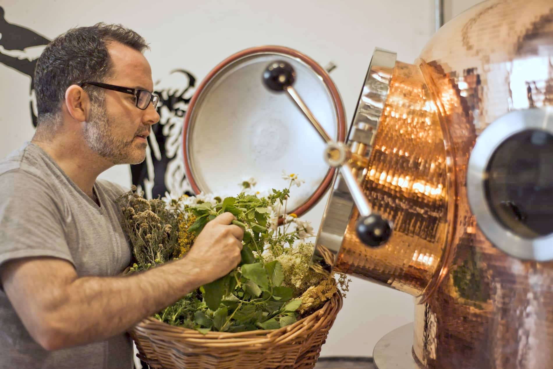 Distiller preparing fresh botanicals beside a copper gin still in Ireland.