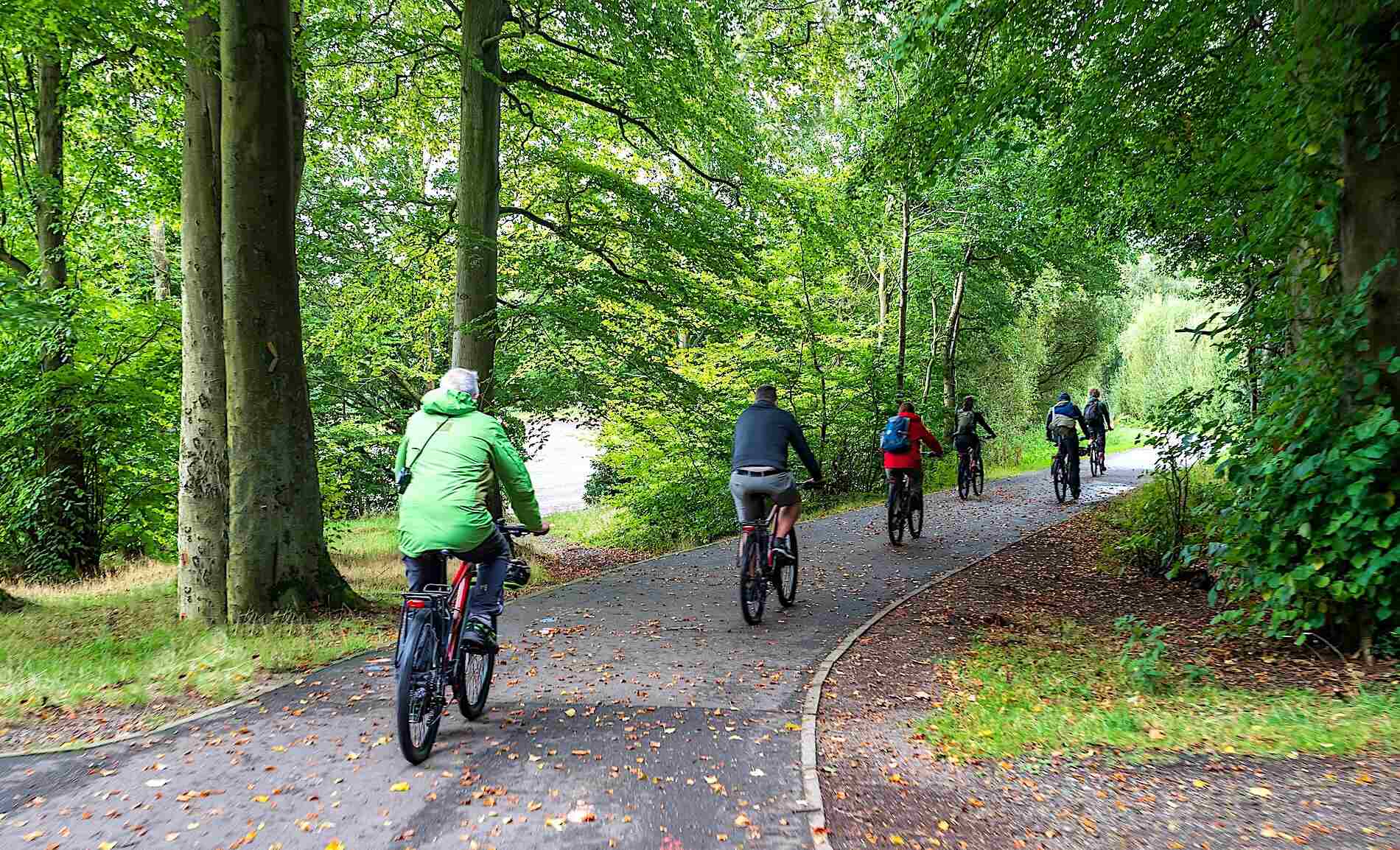 Cyclists exploring a leafy greenway through Derry~Londonderry, surrounded by woodland and riverside scenery.