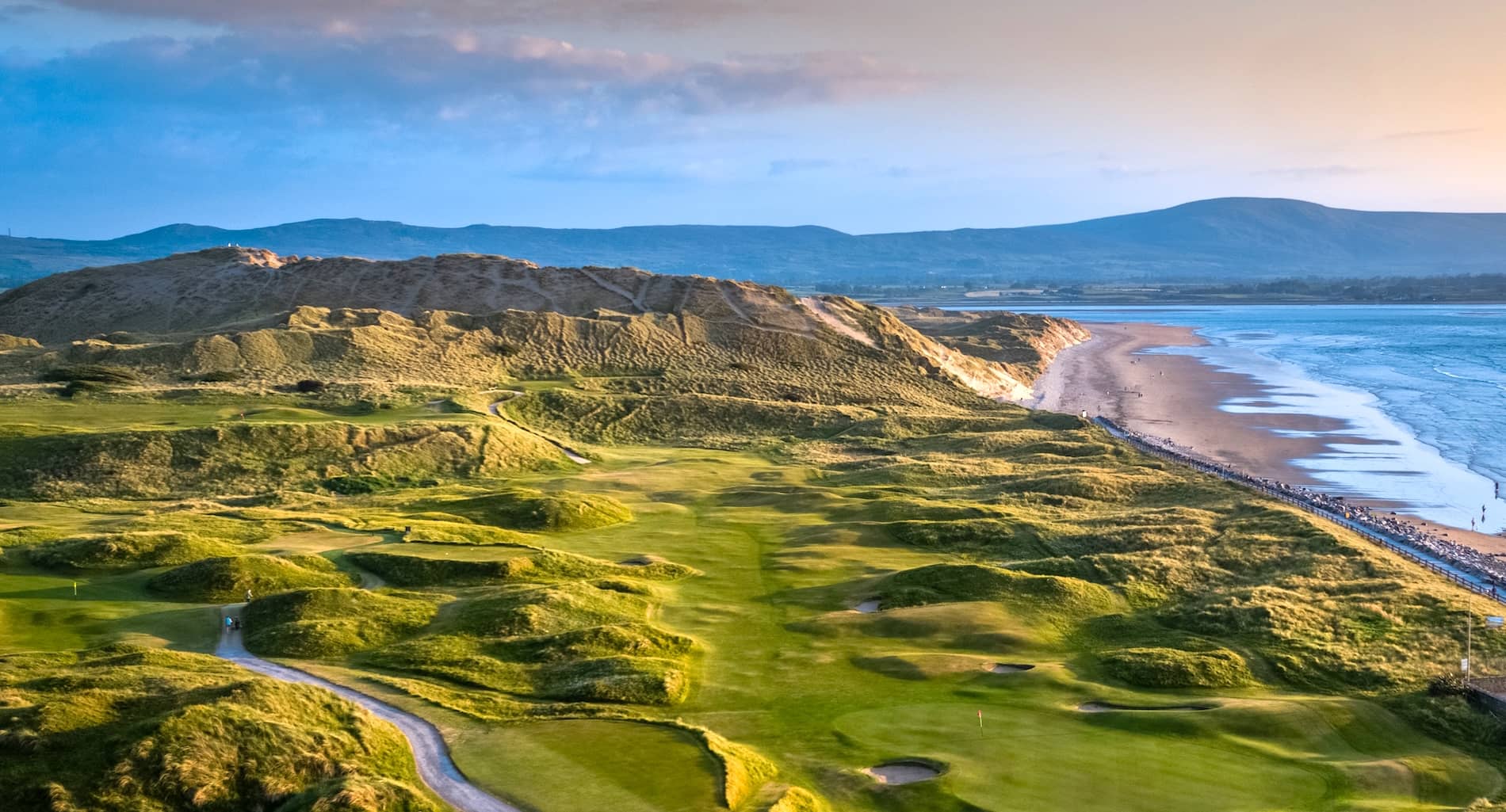 Links fairway winding through coastal dunes at Strandhill Golf Club in County Sligo.