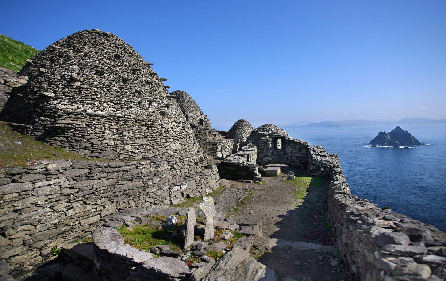 Ancient stone beehive huts of Skellig Michael, UNESCO site off County Kerry’s rugged coast.