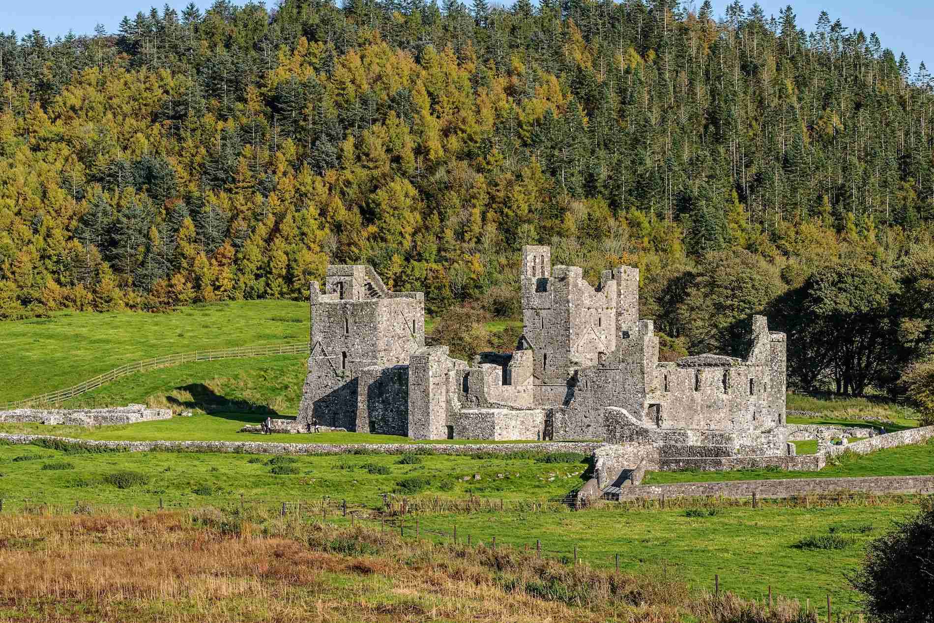 Stone ruins of Fore Abbey surrounded by green fields and forested hillsides.