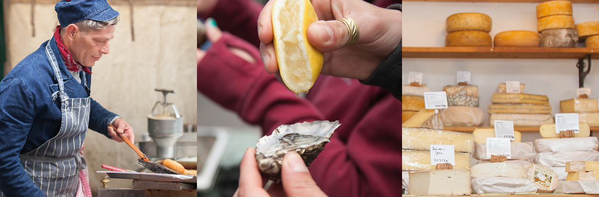 Galway market with stallholder cooking, fresh oysters with lemon, and artisan cheeses on display.