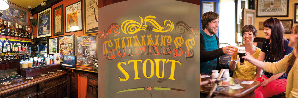 Classic Galway pub with Guinness sign, festival posters and friends enjoying pints together.