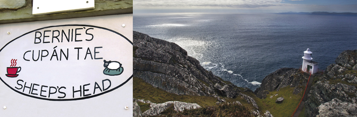 Bernie’s Cupán Tae café sign at Sheep’s Head peninsula, County Cork, with Atlantic views and rugged coastline.
