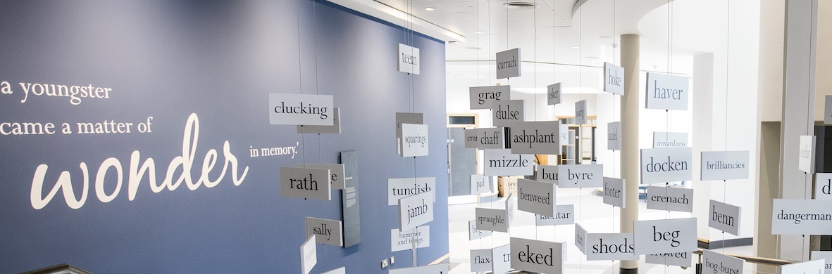 Floating word installation at Seamus Heaney HomePlace, inspired by his poetic vocabulary and themes.