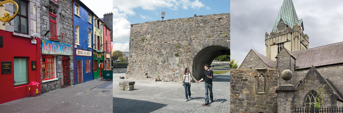 Colourful Latin Quarter shops, Spanish Arch and St Nicholas’ Collegiate Church in Galway city.