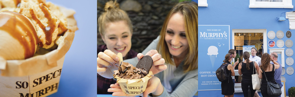 Murphy’s Ice Cream in Dingle, County Kerry, with scoops, toppings and customers queuing at the blue shopfront.