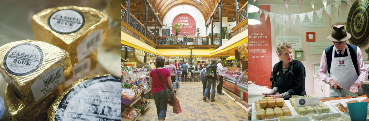 Cashel Blue cheese and stalls inside the English Market in Cork with traders selling fresh produce.