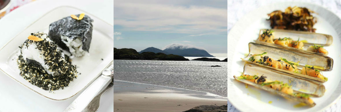 Seaweed-wrapped rice balls, coastal scenery and razor clams served with herbs on a white plate in Derrynane, County Kerry.