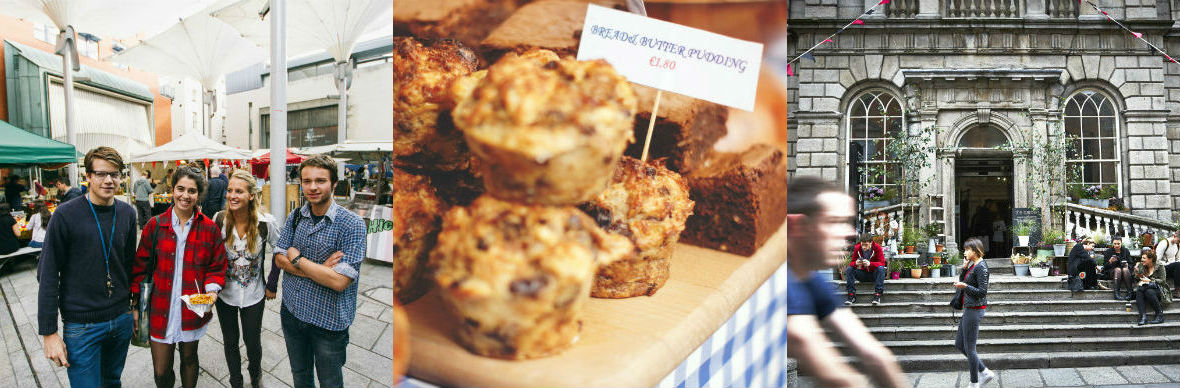 Friends at a food market, tray of bread pudding, and people outside a historic city building in Dublin.