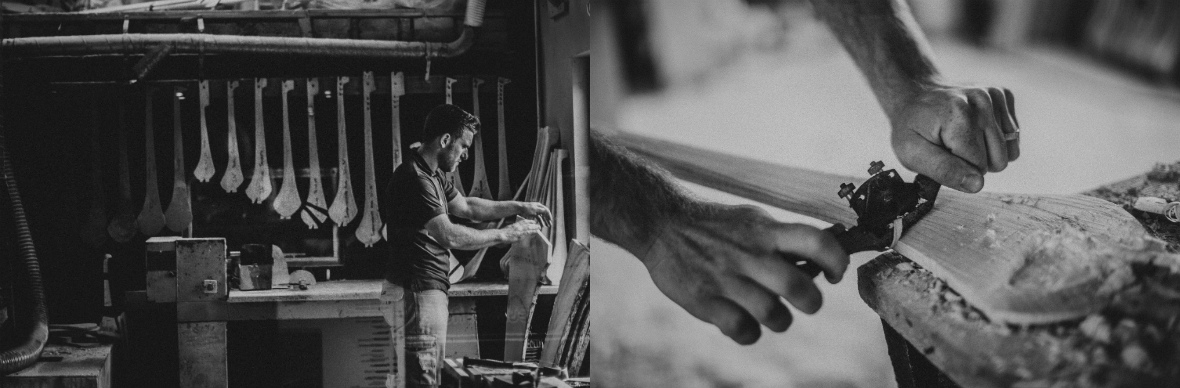 Hurley maker shapes sticks in a workshop; close-up of hands carving wood using traditional tools in Antrim.