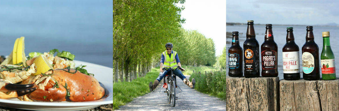 Crab dish, cyclist on a country trail, and bottles of Irish craft beer on a food trail adventure in the Boyne Valley.