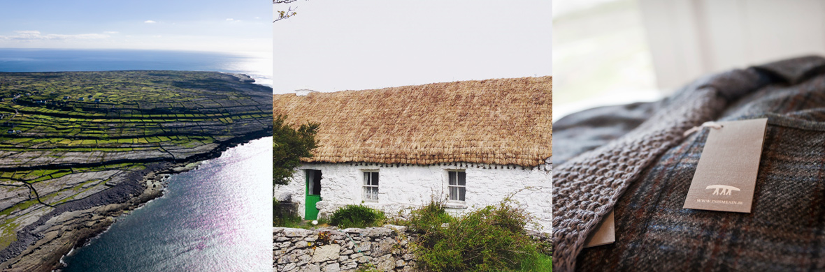 Aerial view of the Aran Islands, a white thatched cottage, and a close-up of a folded wool blanket.