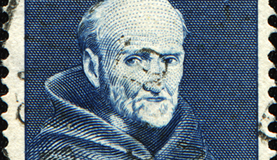 Timbre-poste irlandais d'époque représentant Luke Wadding, un moine franciscain irlandais.