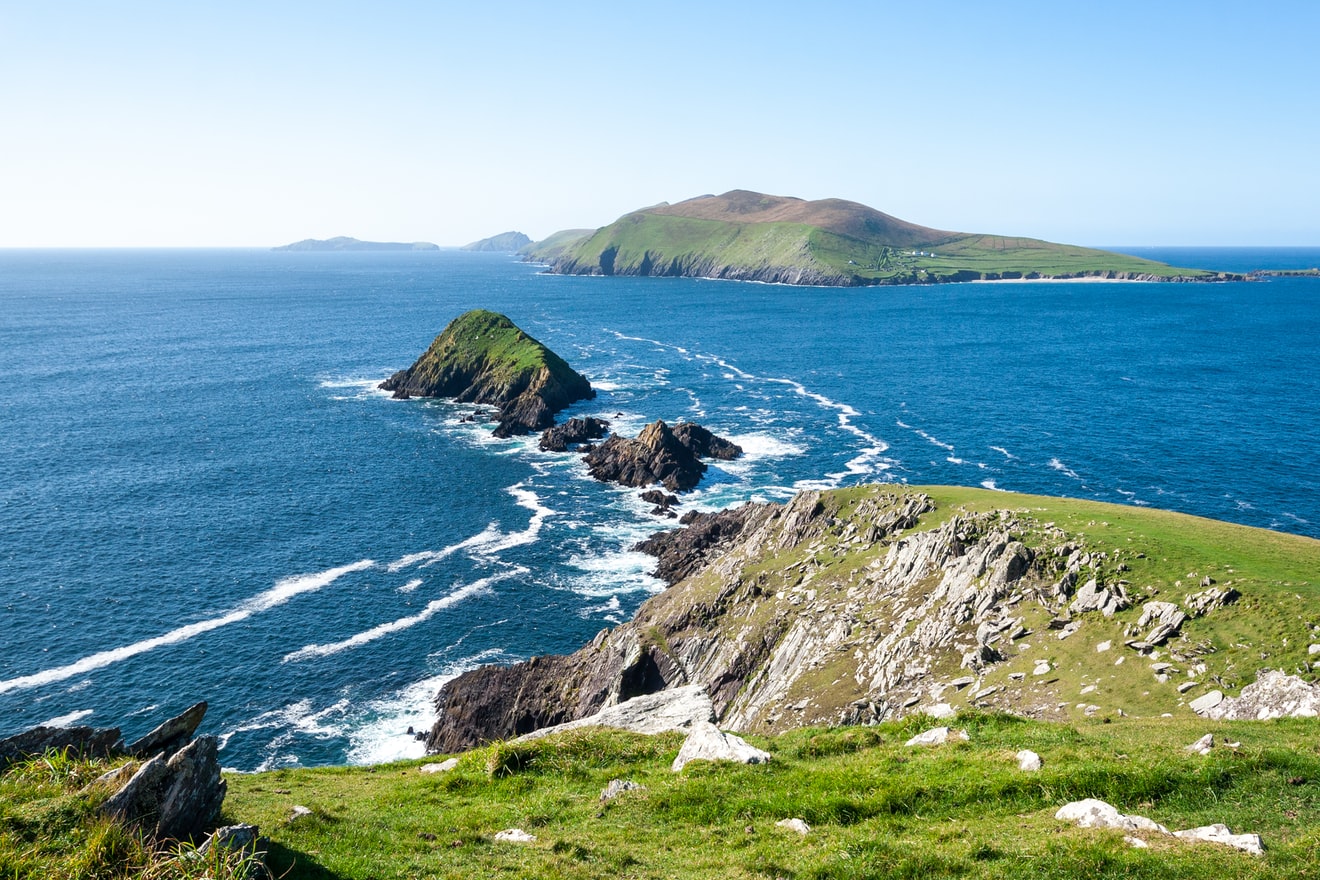 Craggy headlands and turquoise waters stretching along the dramatic Atlantic coastline in County Kerry.