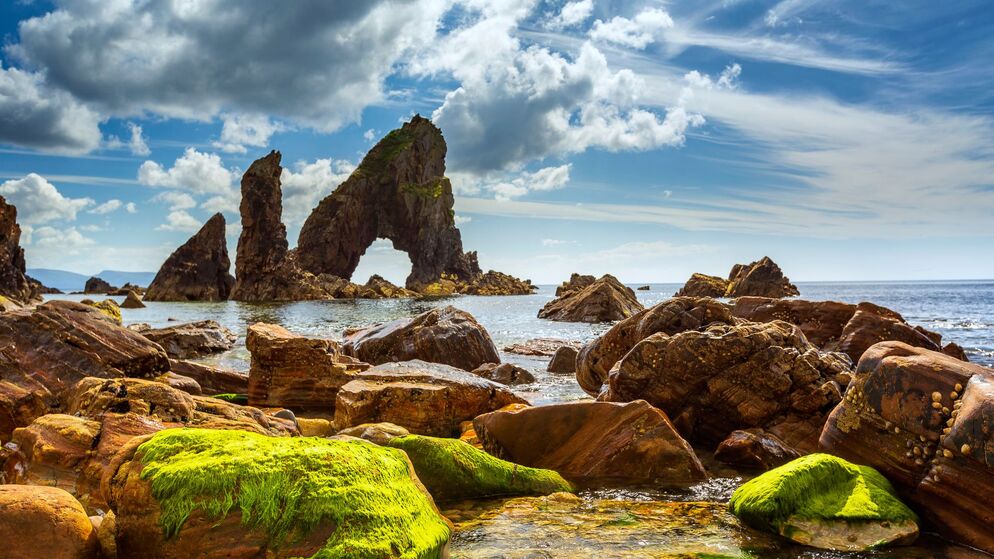 Jagged sea arch and rocky stacks rise from the Atlantic at Fanad Head, Donegal.