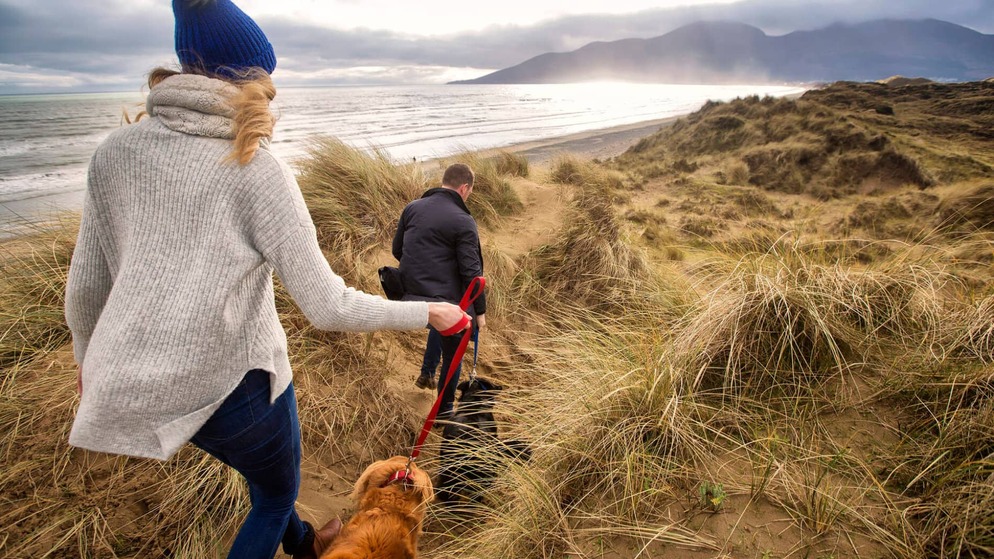 Couple walking a dog along sandy dunes overlooking the Mourne Mountains in County Down.