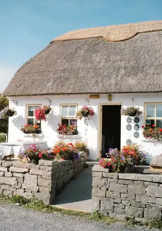 Küstencafé-Cottage mit Strohdach und bunten Blumenkörben, auf den Aran Islands, Grafschaft Galway.