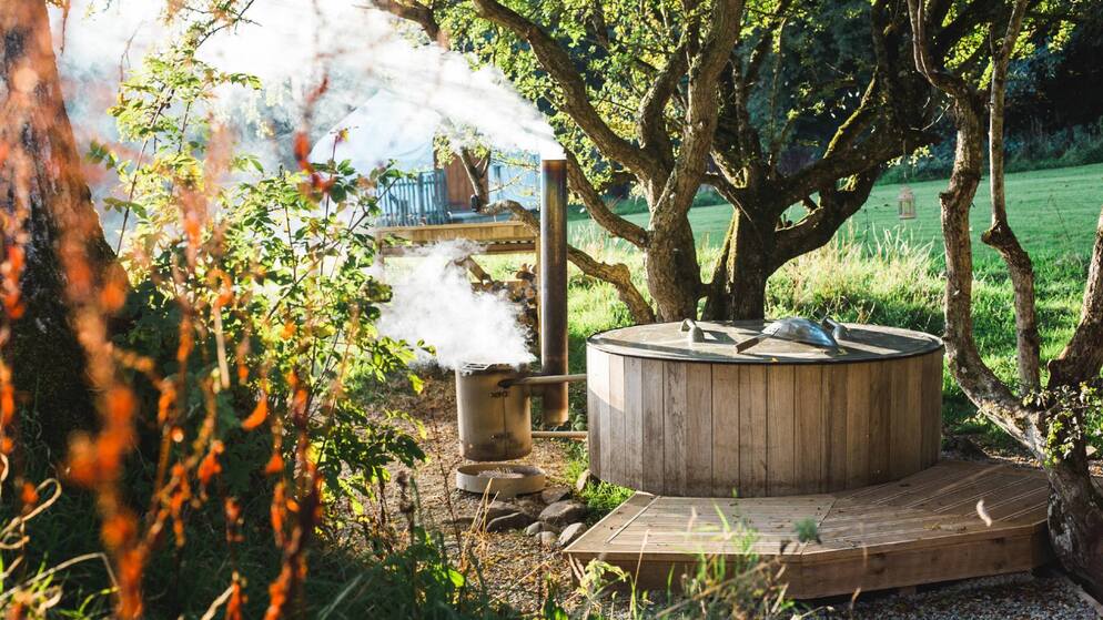 Steam rising from a wood-fired hot tub surrounded by trees and greenery in Ireland’s Ancient East.