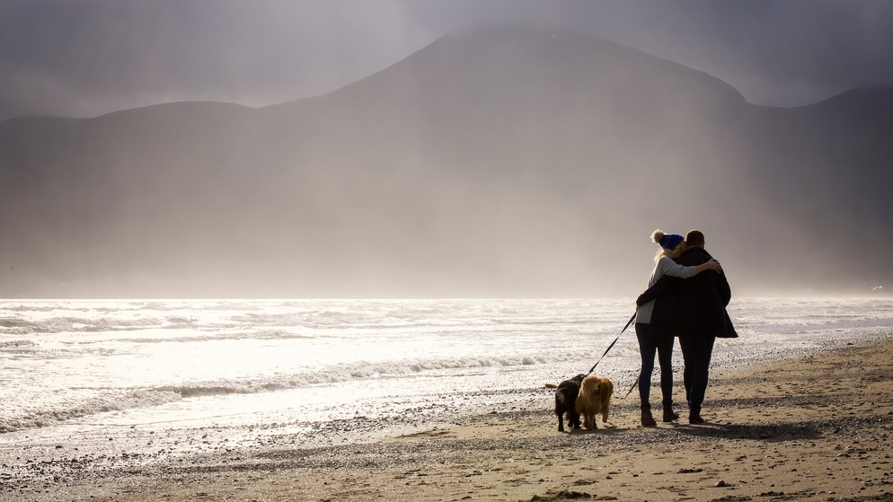 Couple walking dogs along Murlough Beach beneath the Mourne Mountains, County Down.