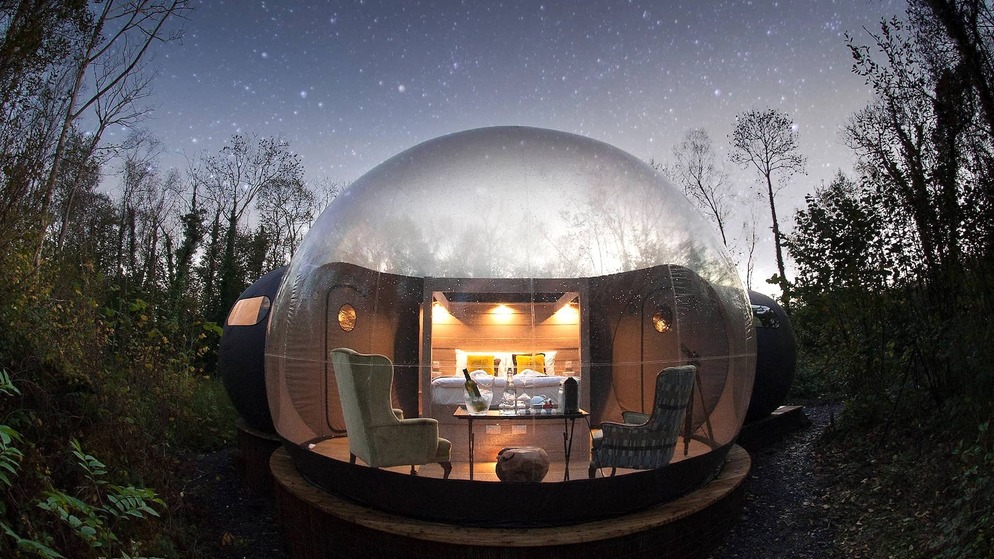 Luxury bubble dome accommodation beneath a star-filled sky at Finn Lough, County Fermanagh.