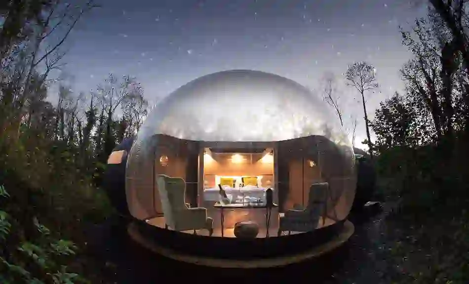 Luxury bubble dome accommodation beneath a star-filled sky at Finn Lough, County Fermanagh.