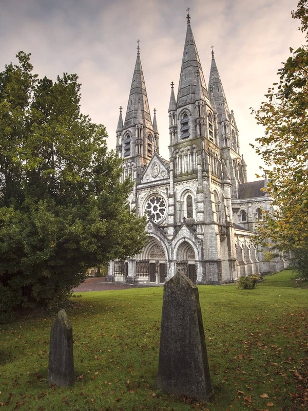 St Fin Barre's Cathedral in Cork, met gotische torens die boven de herfstbomen en historische begraafplaats uitsteken.