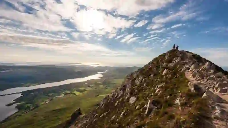 View from the summit of Errigal Mountain overlooking lakes and landscapes in County Donegal.