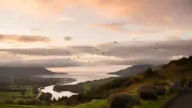 Flagstaff Viewpoint overlooking Newry, Carlingford Lough and the Mourne Mountains at sunset in County Down.