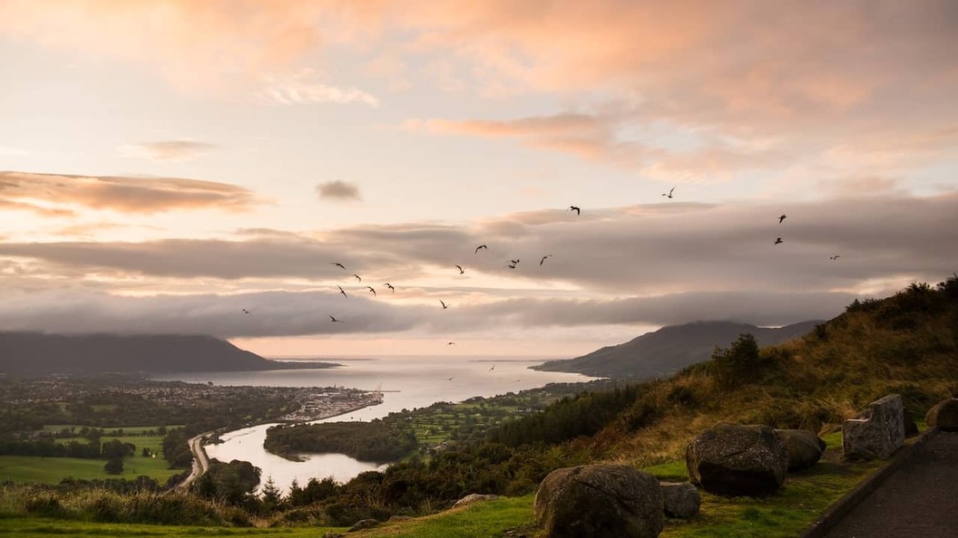 Flagstaff Viewpoint overlooking Newry, Carlingford Lough and the Mourne Mountains at sunset in County Down.