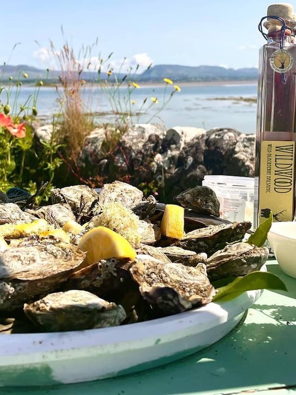 Irish oysters served with lemon beside the Atlantic Ocean on a sunny summer day.