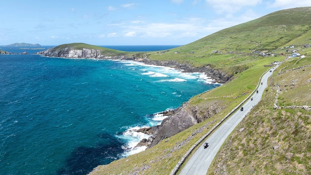 Motorcyclists riding the scenic coastal roads of County Kerry during Ireland BikeFest Killarney.