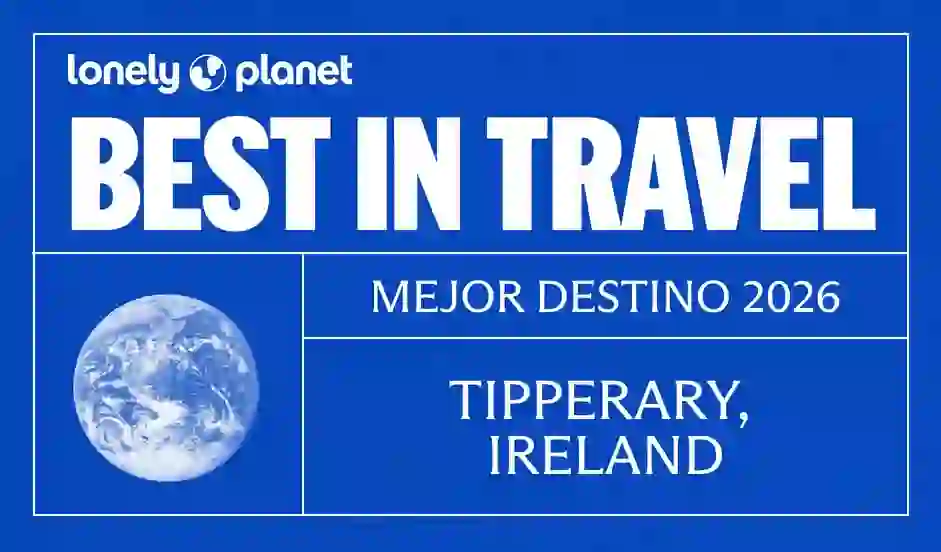 Gráfico azul y blanco de Lonely Planet Best in Travel 2026 que nombra a Tipperary, Irlanda, como uno de los mejores destinos.