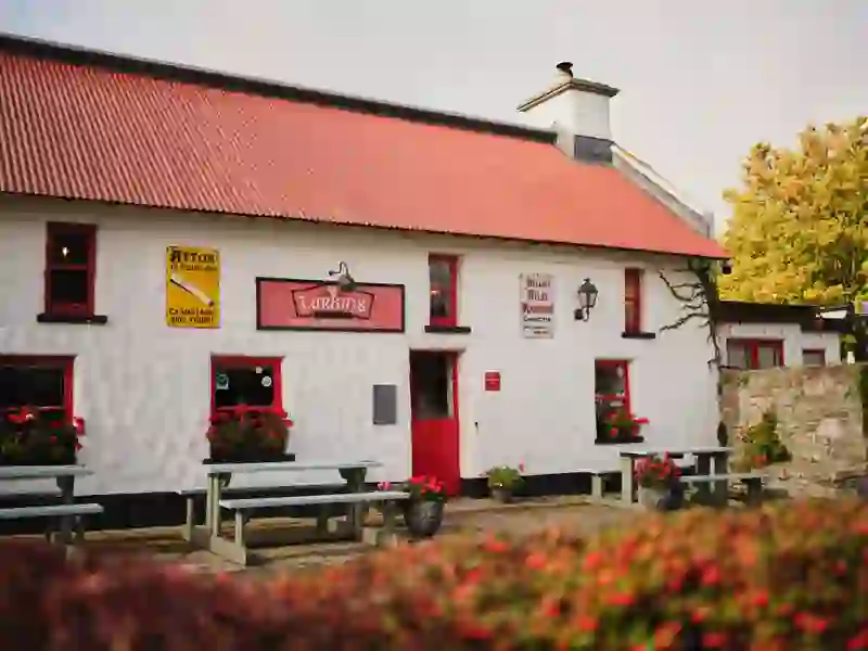 Traditional whitewashed Larkins pub with red windows and flower boxes in Garrykennedy, County Tipperary.
