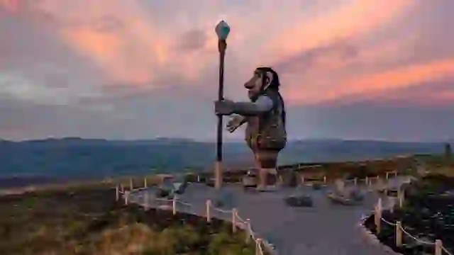Giant of the Sperrins sculpture overlooking the Sperrin Mountains at sunset in County Tyrone.