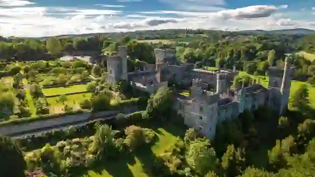 Aerial view of Lismore Castle and Gardens, a historic castle estate in County Waterford.