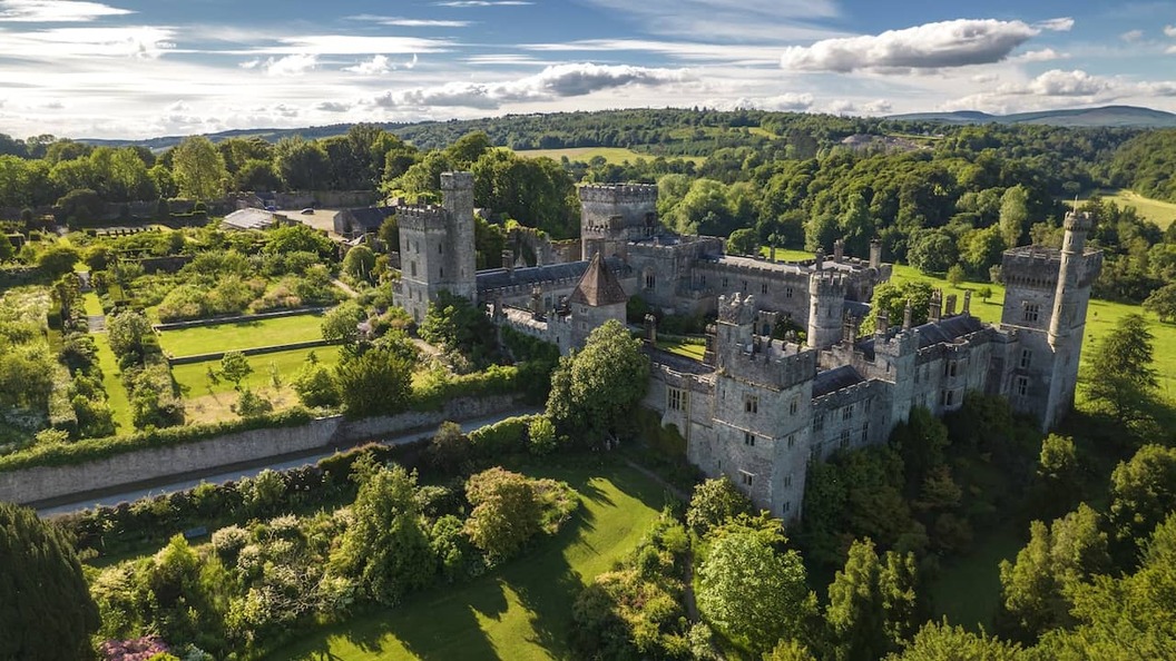 Aerial view of Lismore Castle and Gardens, a historic castle estate in County Waterford.