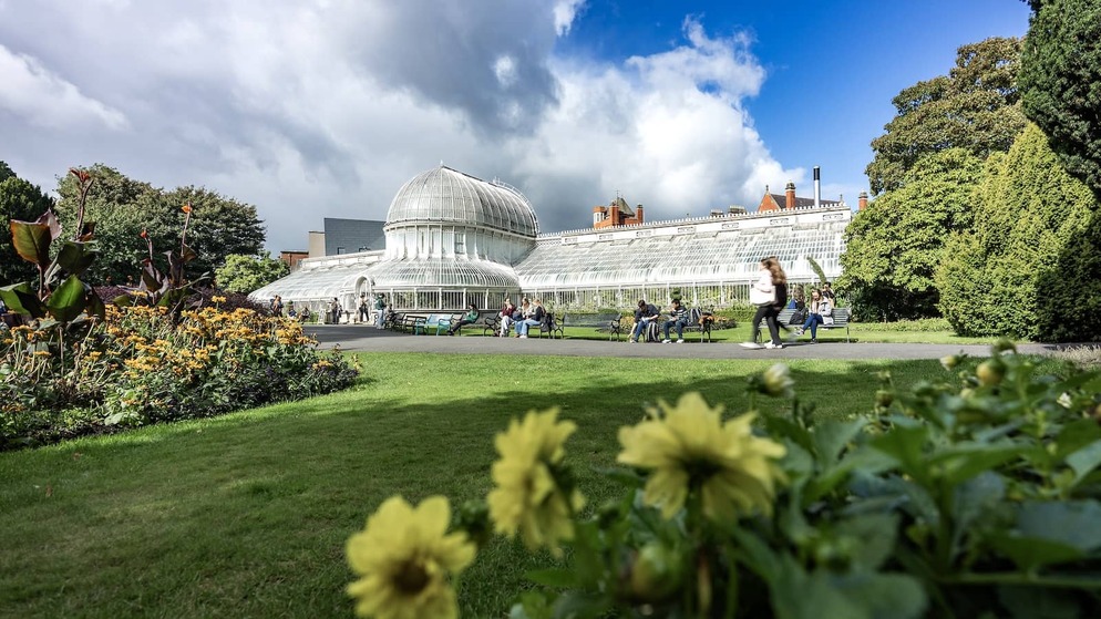 The Palm House at Belfast Botanic Gardens, with people relaxing on benches and flowerbeds in the foreground.
