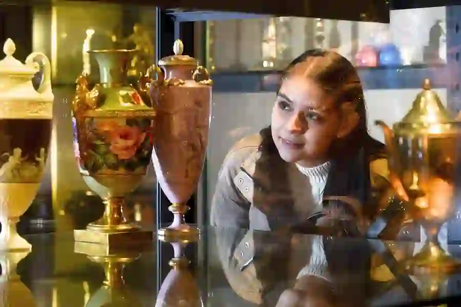 A young woman looks through a glass display at decorated ceramic vases in the National Museum of Ireland.