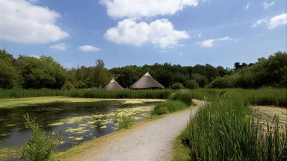 Reconstructed crannóg houses at Irish National Heritage Park, County Wexford, beside a reed-lined lake and walking path.