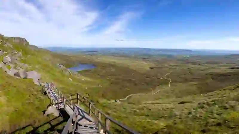 Wooden boardwalk trail winding through the Cuilcagh Mountain uplands with panoramic views across County Fermanagh.